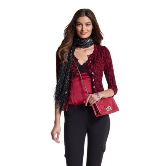 White House Black Market Sweaters - White House Black Market Red Leopard Cardigan Med